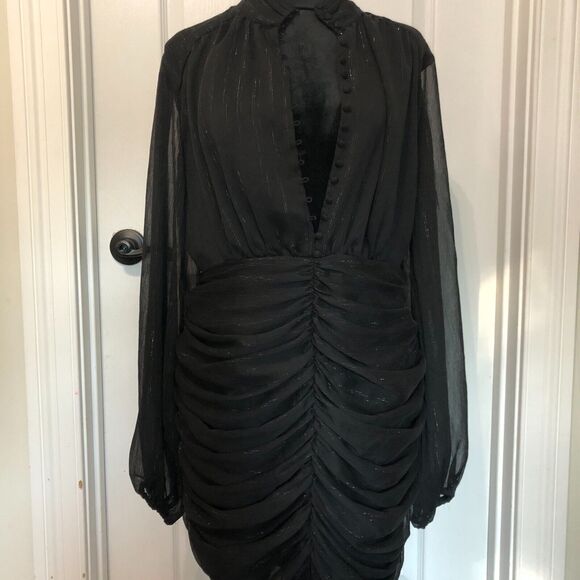 House Of Harlow 1960 Womens Dress Size 10 Black Ruffled Mock Neck Button Up Mini - Picture 3 of 8